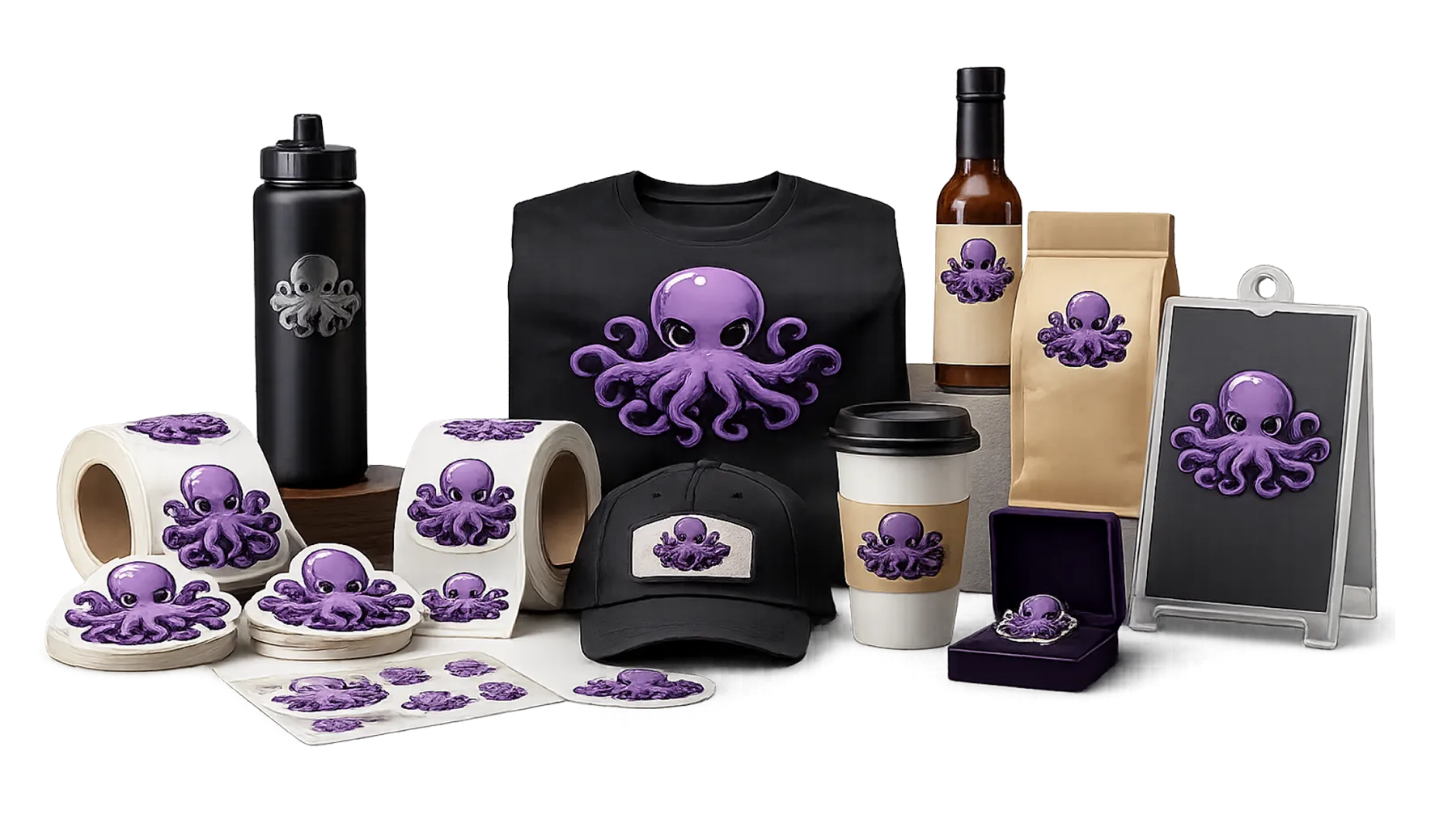 Custom printing products for restaurants, cafés and bakeries including stickers, labels, apparel and signs with Octopus branding